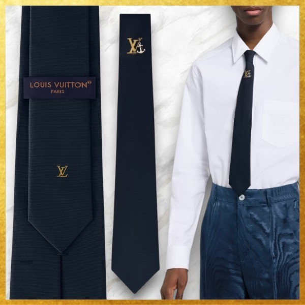人気 ビジネスシーンにも LouisVuitton ネクタイ LV アンカー 黒