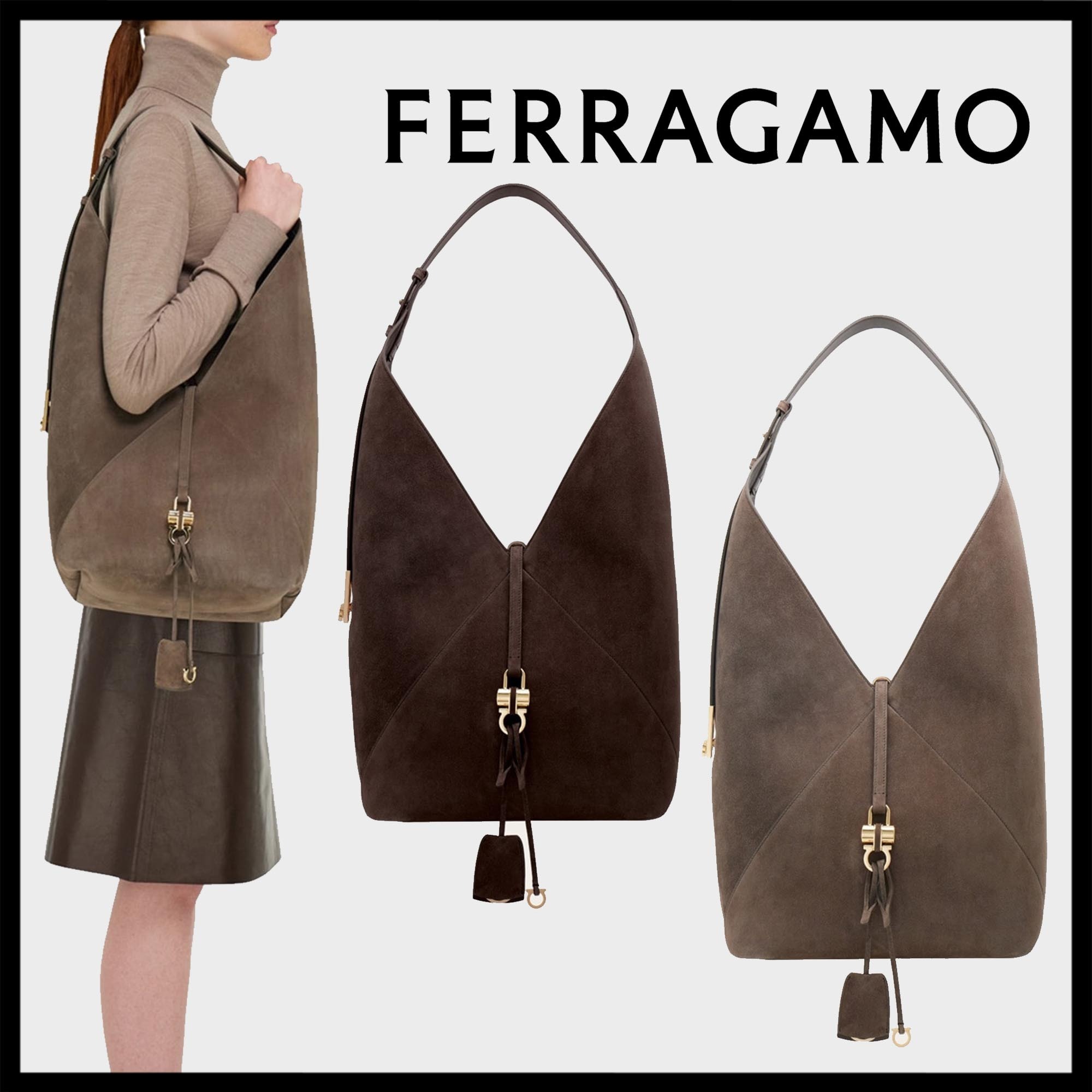 FERRAGAMO直営店 V字型ホーボーバッグ（L）