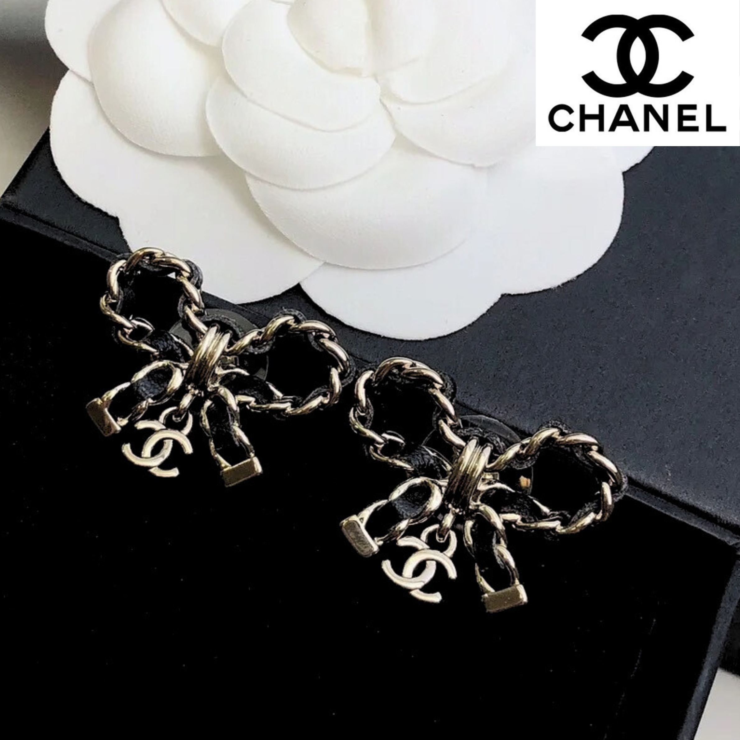 【レザー×リボン♡】CHANEL ピアス チェーン ゴールド