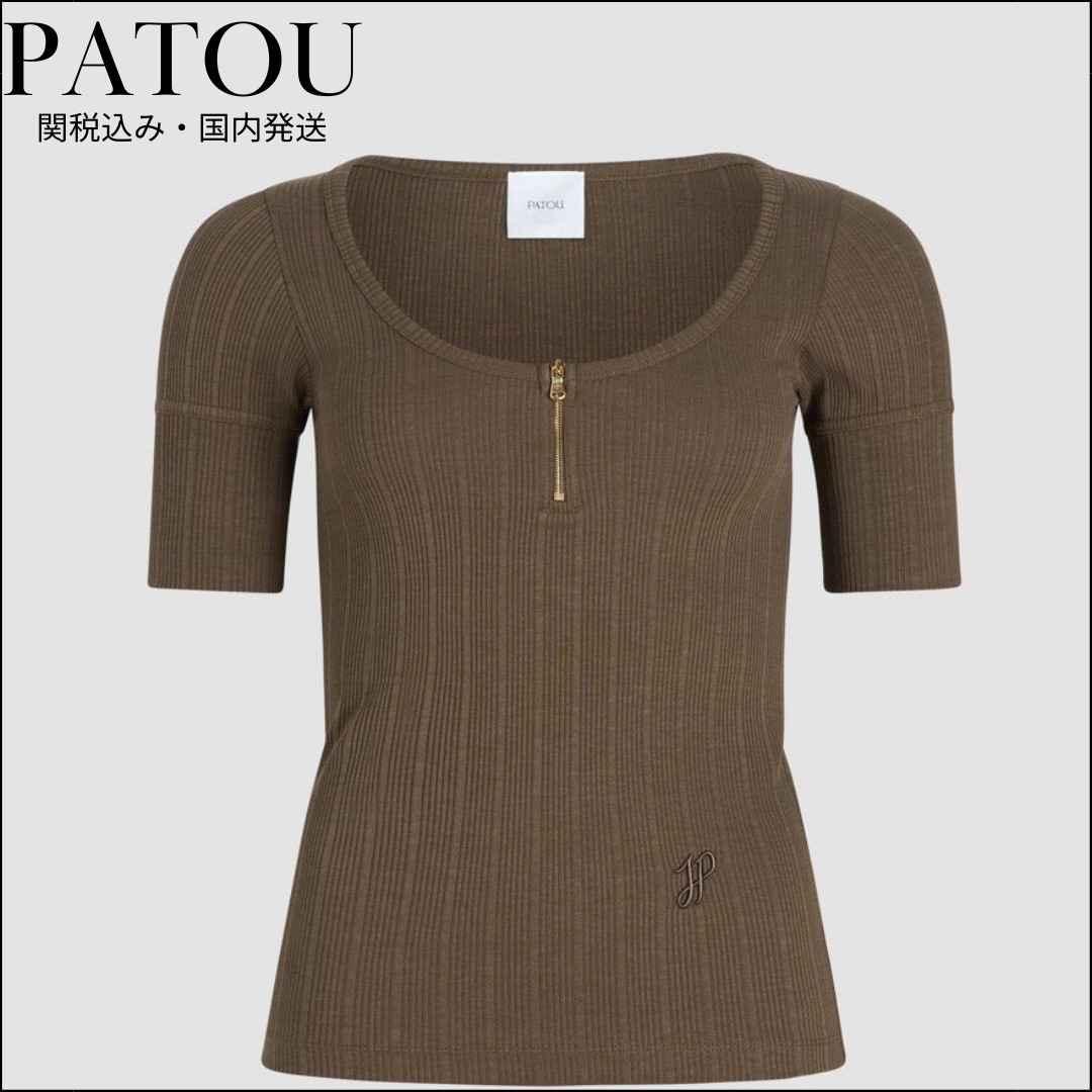 関税込み◎【PATOU】リブコットンブレンドスクープネックTシャツ