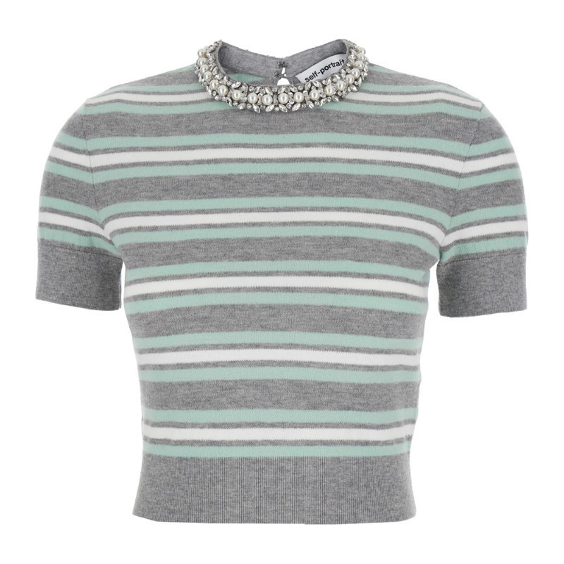 Tシャツ・カットソー SELF PORTRAIT GREY STRIPED CRYSTAL TRIM KNIT TOP