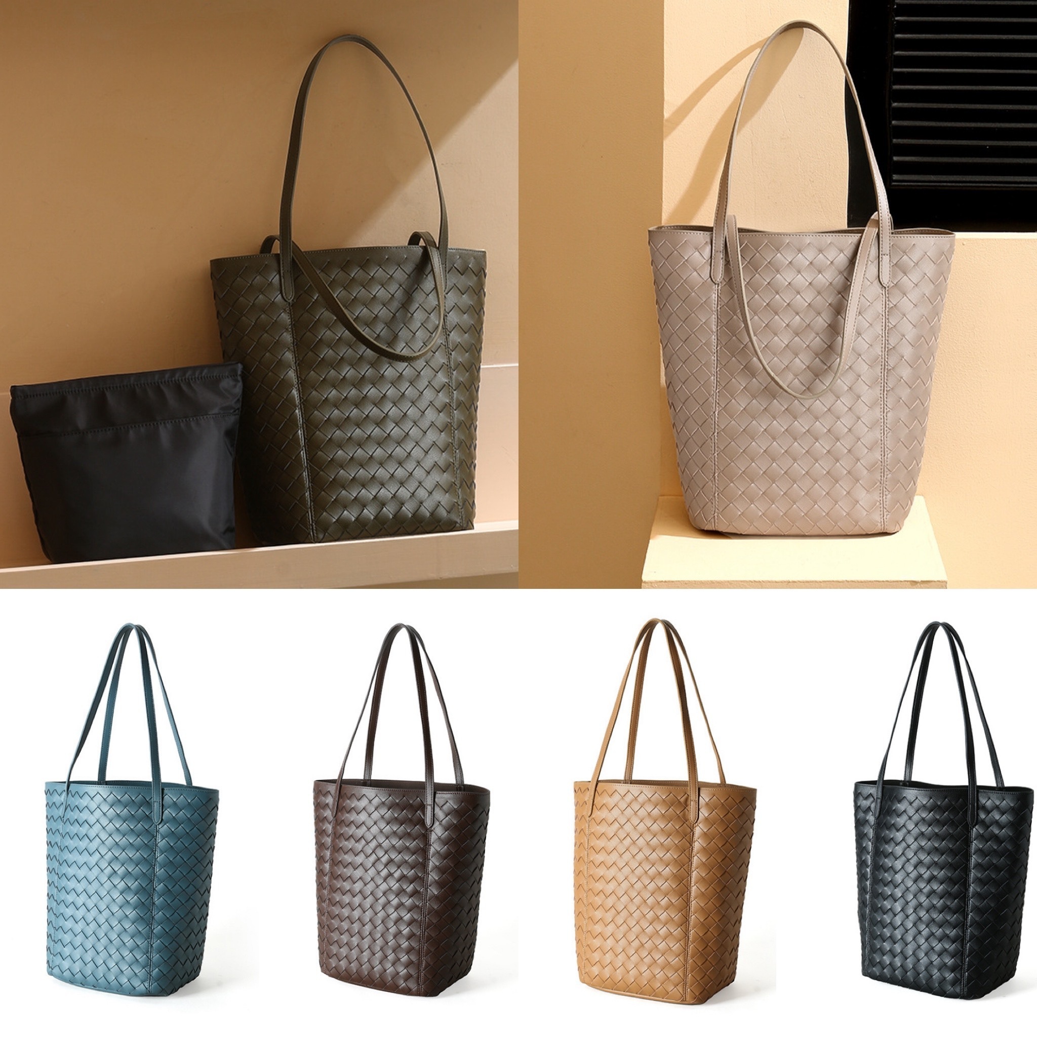 韓国デザイン 本革 レザーバケツバッグ トート 牛革 編み込BAG