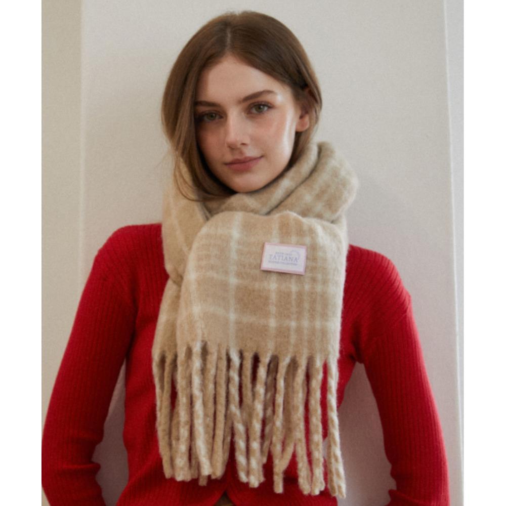 ●TATIANA● Snug Checked Wool Blended Muffler MF8108 Beige 5