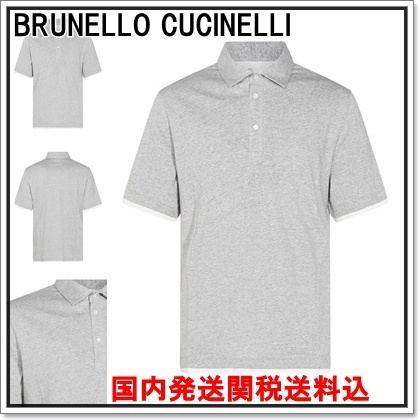 BRUNELLO CUCINELLI グレーコットンボタン留め半袖ポロシャツ