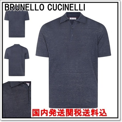 BRUNELLO CUCINELLI ダークブルーリネンボタン半袖ポロシャツ