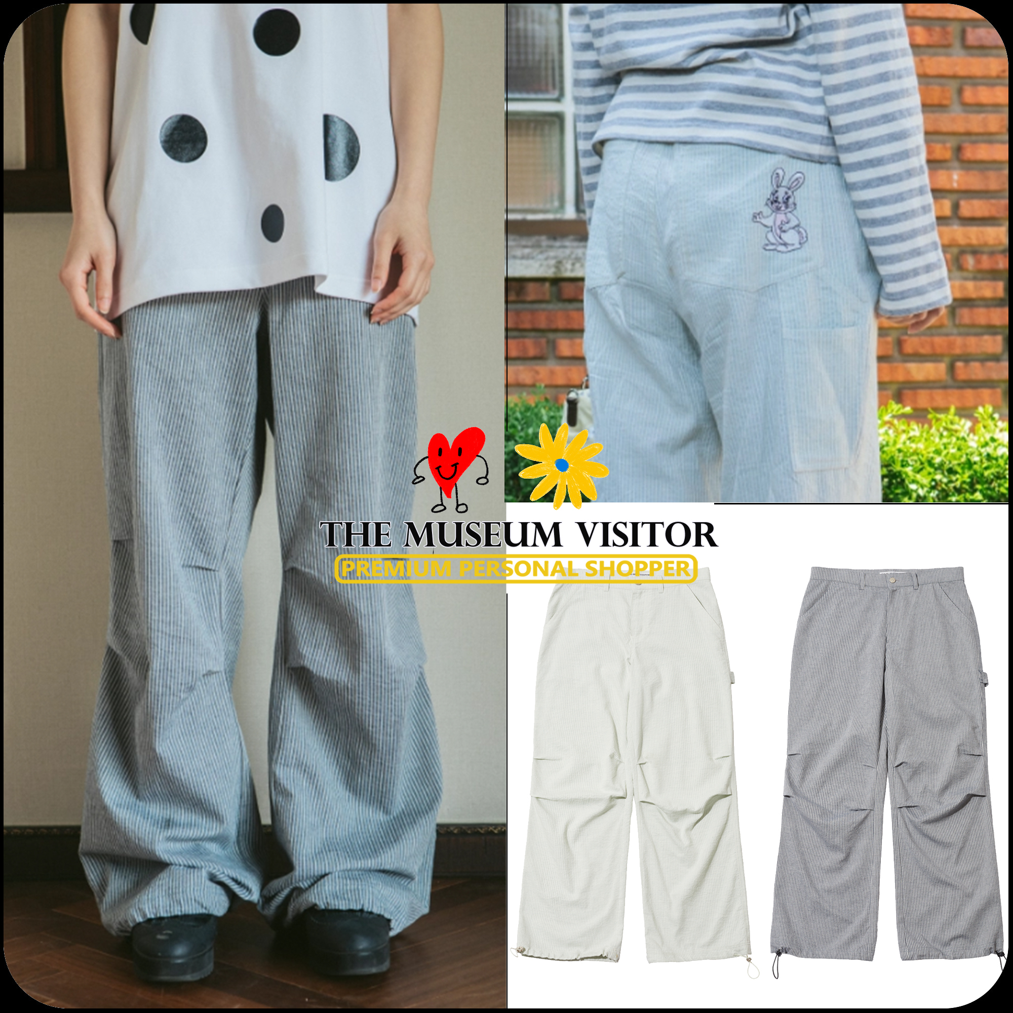 パンツ [THE MUSEUM VISITOR]RABBIT EMBROIDERY STRIPE CARPENTER PANTS