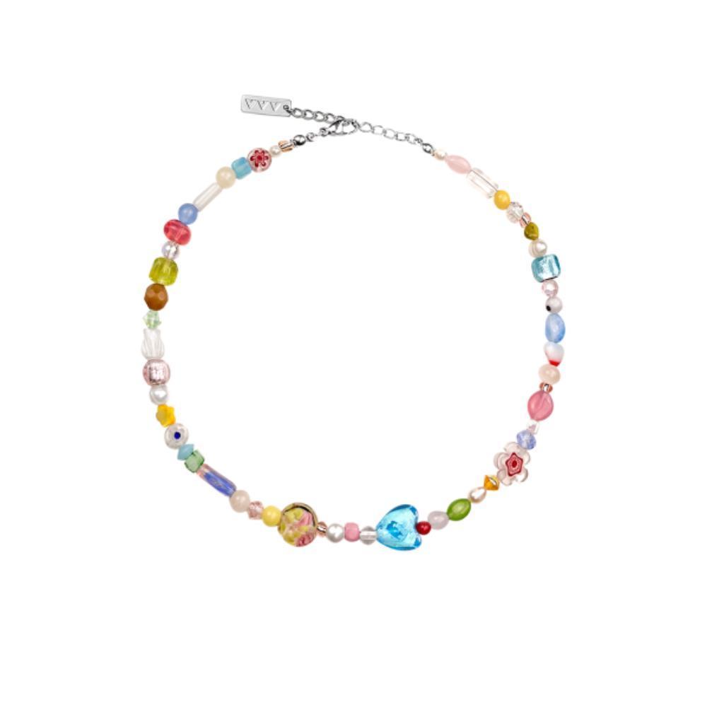 ●VVV● Glass Heart Mix Bead Necklace 24SSNK097MXF