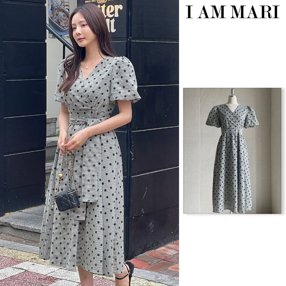 【I AM MARI】Bteen Puff Check Dot Wrap One Piece (Strap Set)