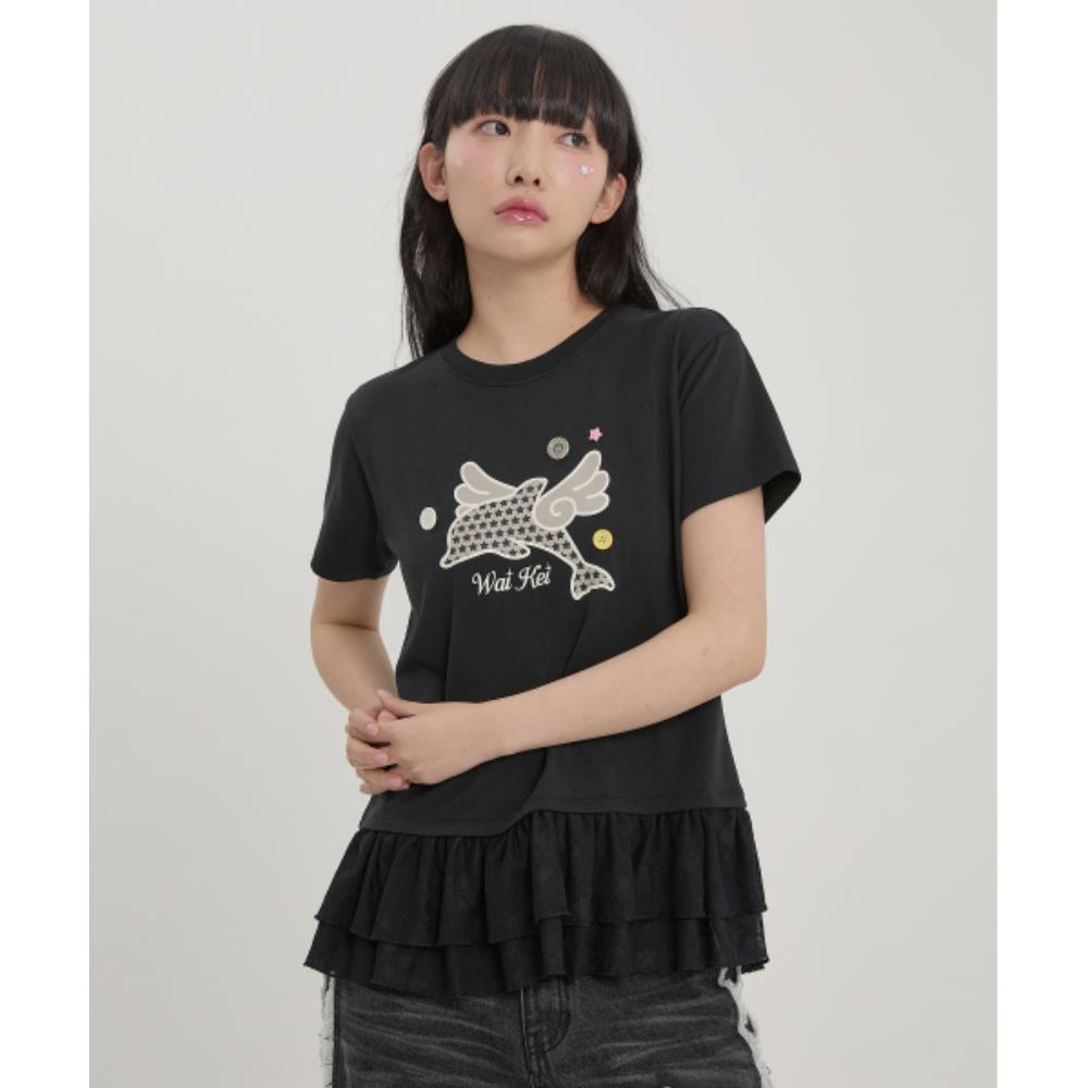 Tシャツ・カットソー Wai Kei Angel Dolphin Lace Layered Short Sleeve T-Shirt Blac