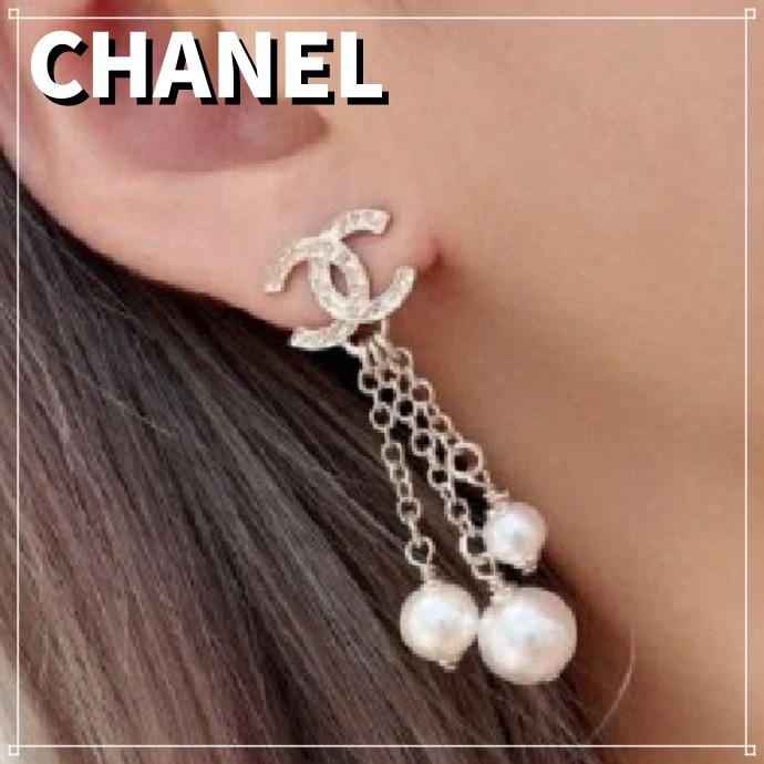 上品 CHANEL ココマーク ピアス チェーン パール ゴールド