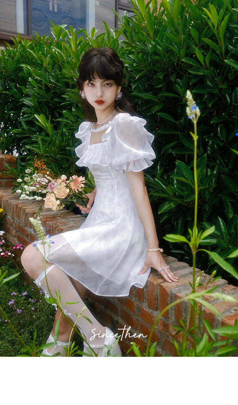 Since Thenキュート パフスリーブ ショートワンピース 花 フリル