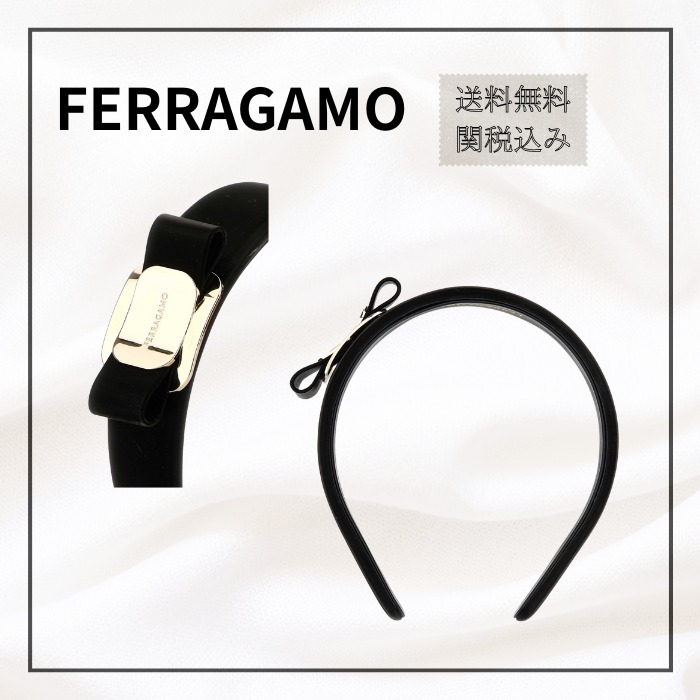 【FERRAGAMO】ブラック レザー ヘアバンド カチューシャ