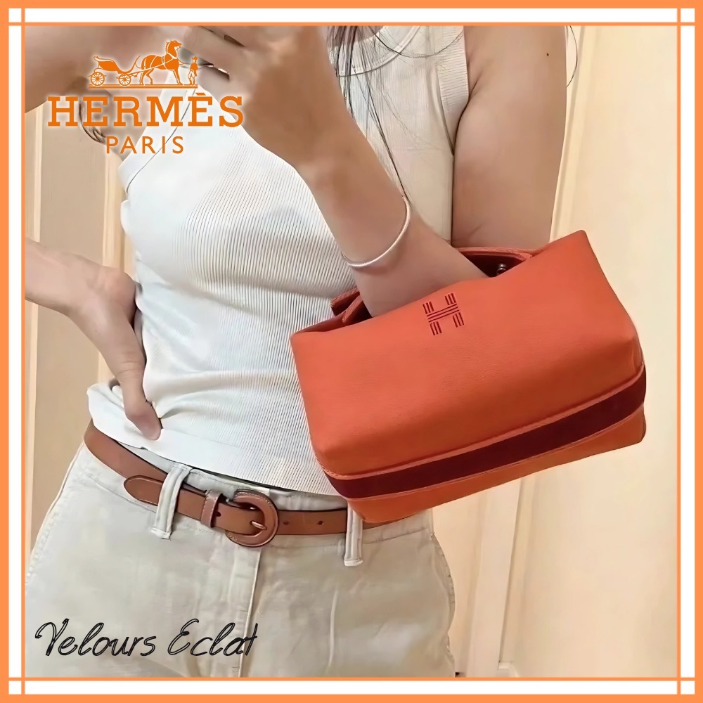 オレンジカラー【HERMES】キャンバスポーチ ブリッドアブラック