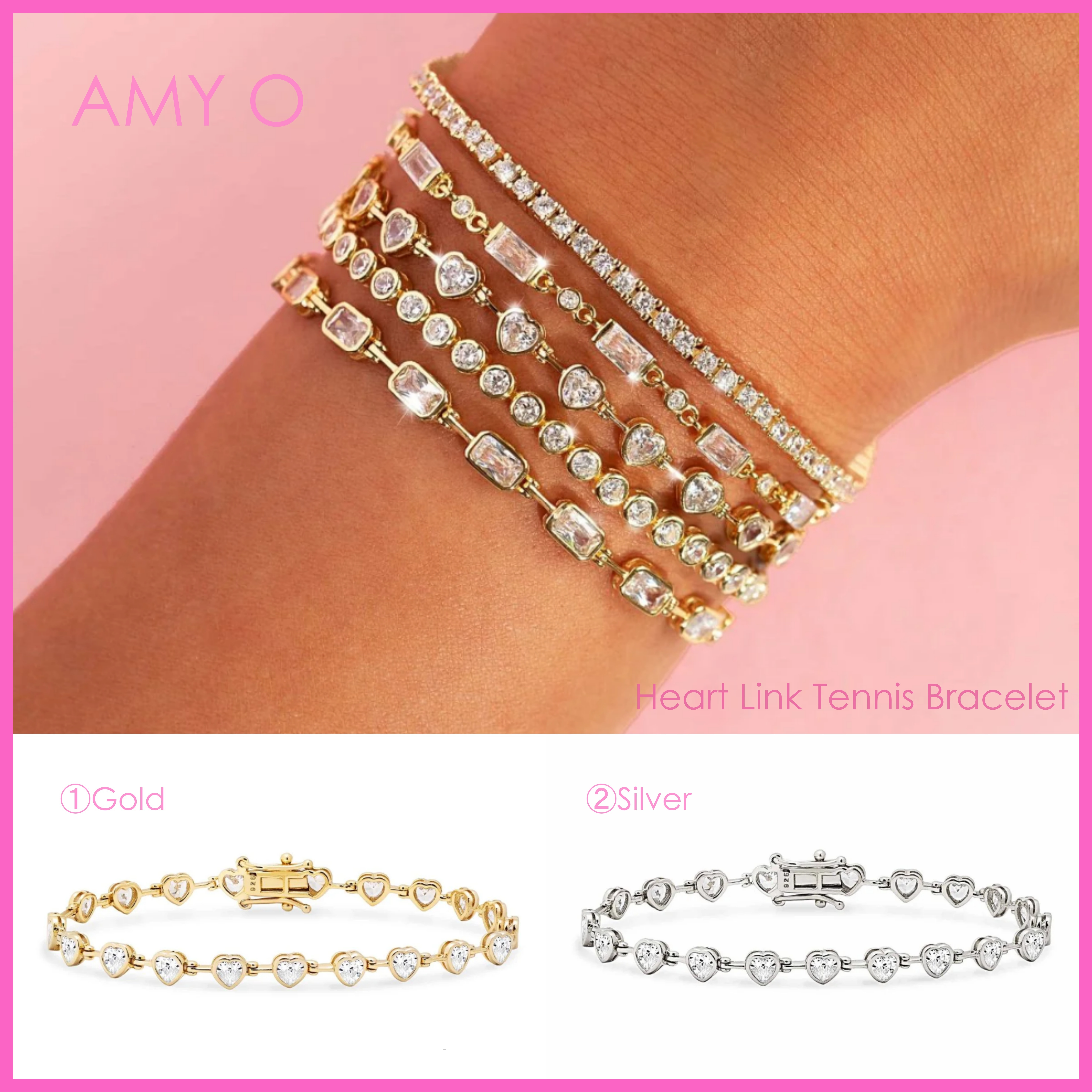 送料税込【AMY O】Heart Link Tennis Bracelet (2色) 国内発送♪
