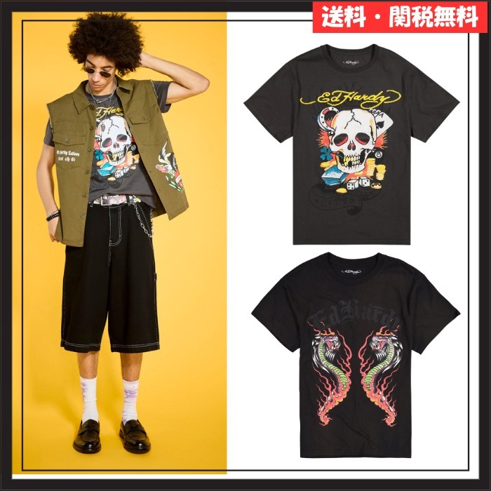 【Ed Hardy】 Tシャツ 半袖 スカル スネーク 黒 ロゴ