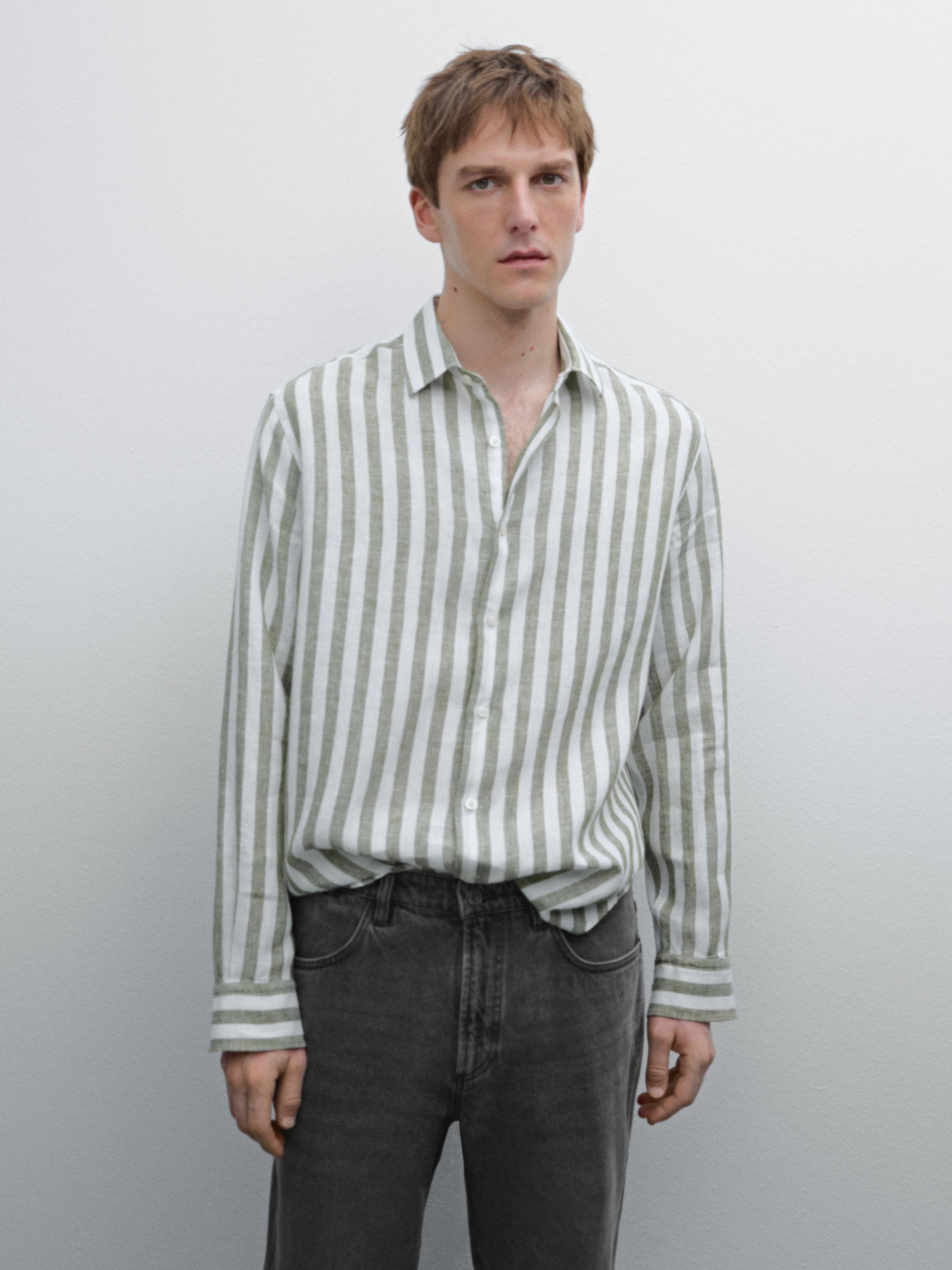 ★MASSIMO DUTTI★ リネン ストライプシャツ 緑