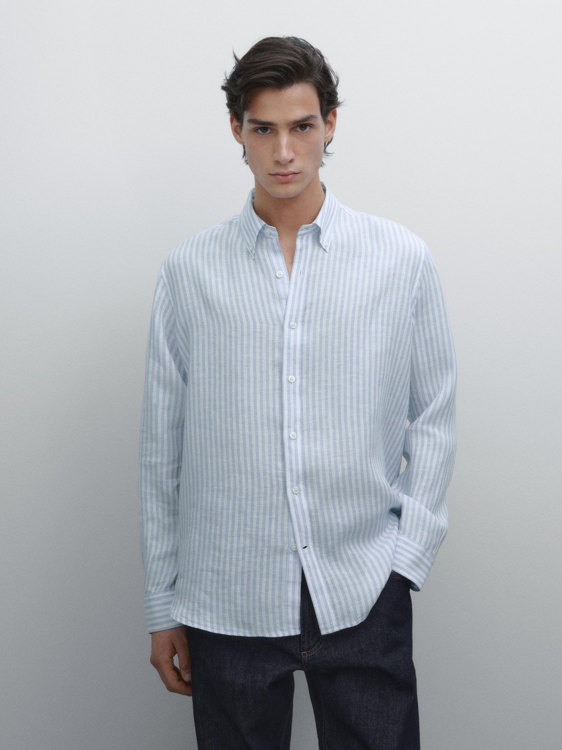 ★MASSIMO DUTTI★ リネンストライプシャツ 青
