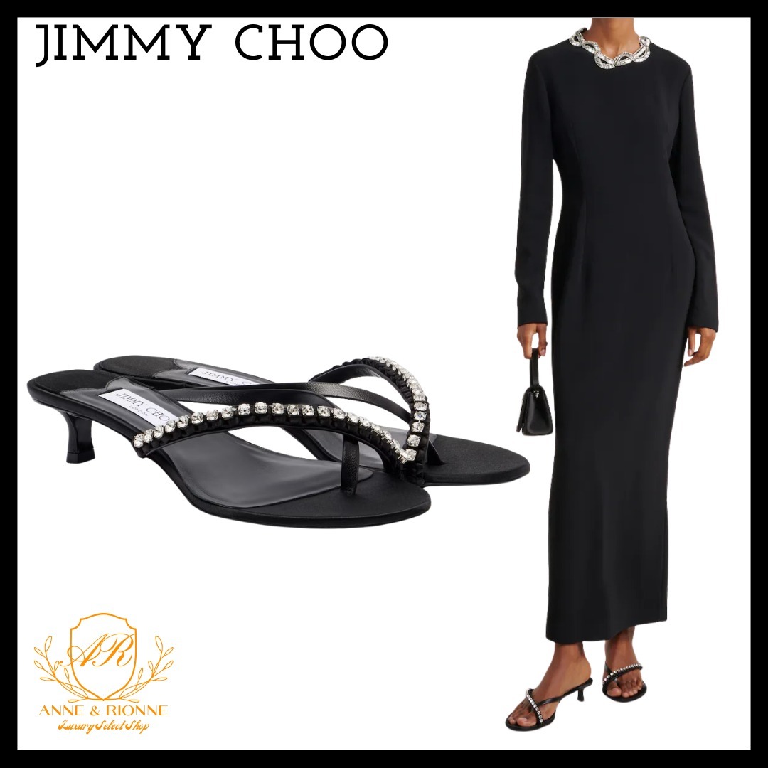 JIMMY CHOO レザー＆サテン トングサンダル クリスタル装飾