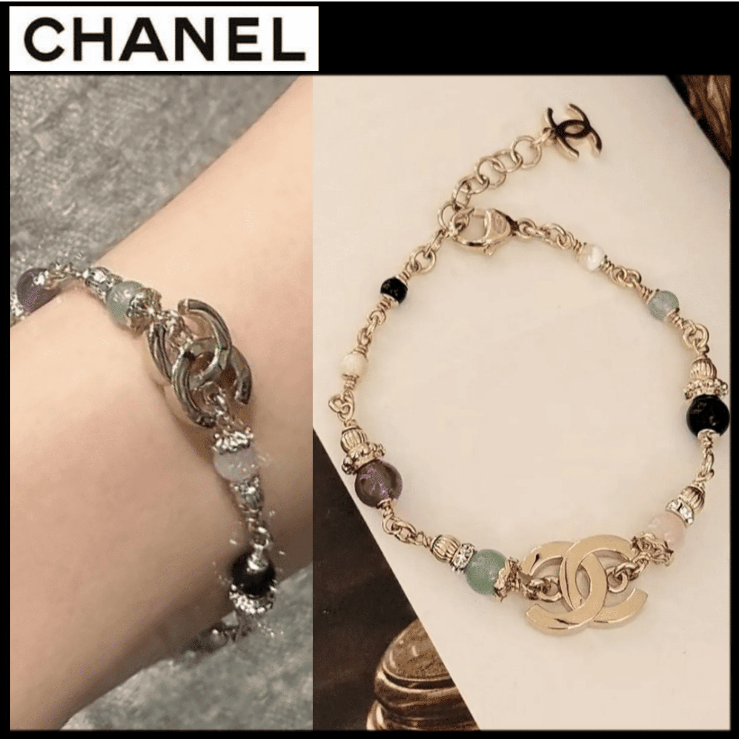 エレガントな【CHANEL】CCロゴ ストーン ブレスレット チェーン