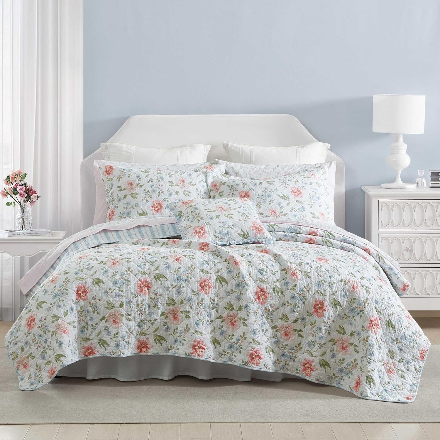 速達便★Laura Ashley★クッション付きキルト3点セット シングル