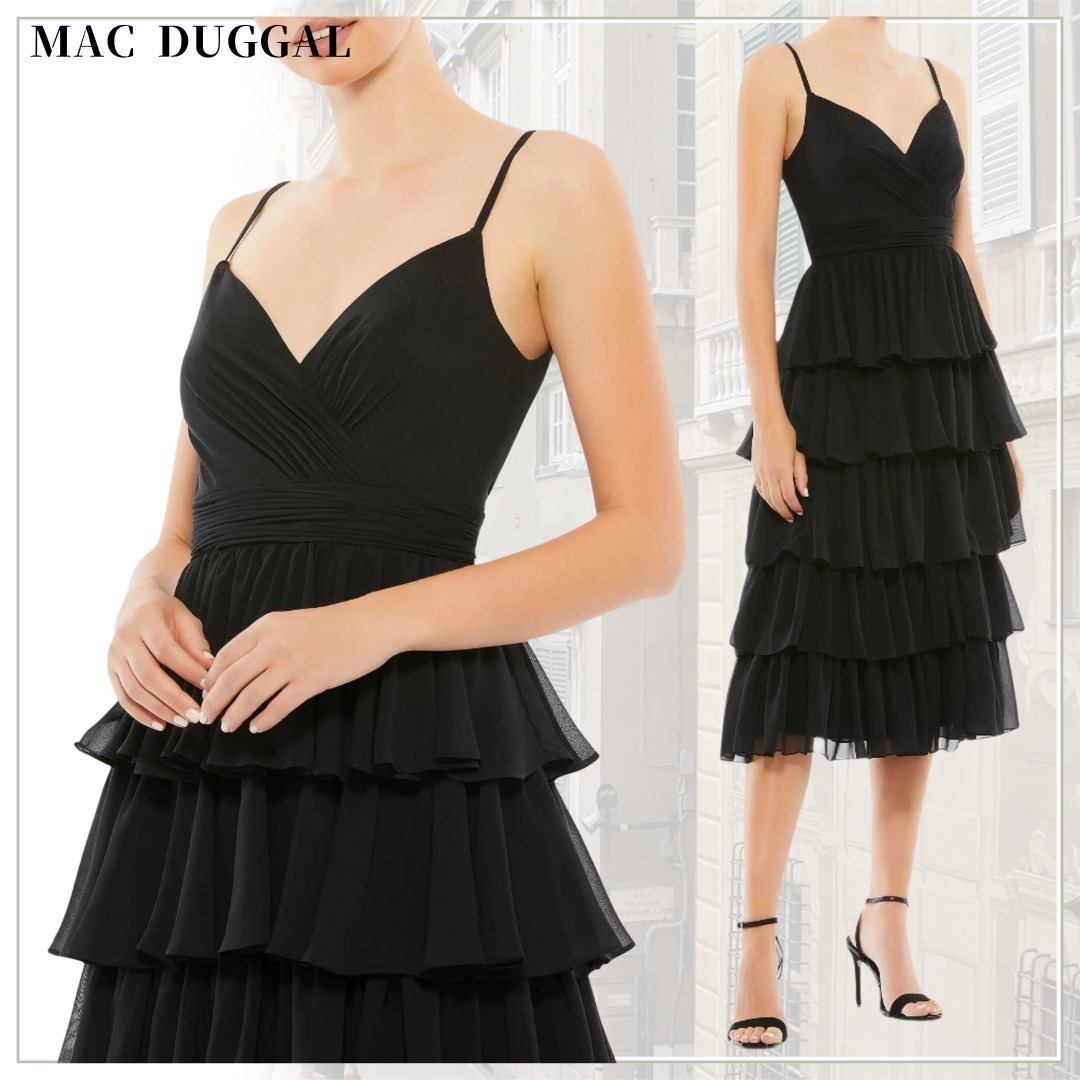 【Mac Duggal】ラッフル レイヤード Vネック ミディドレス