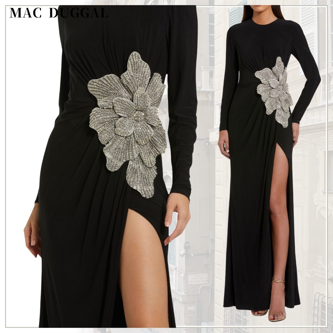 大人気♪【Mac Duggal】花柄刺繍入りブラックジャージーガウン