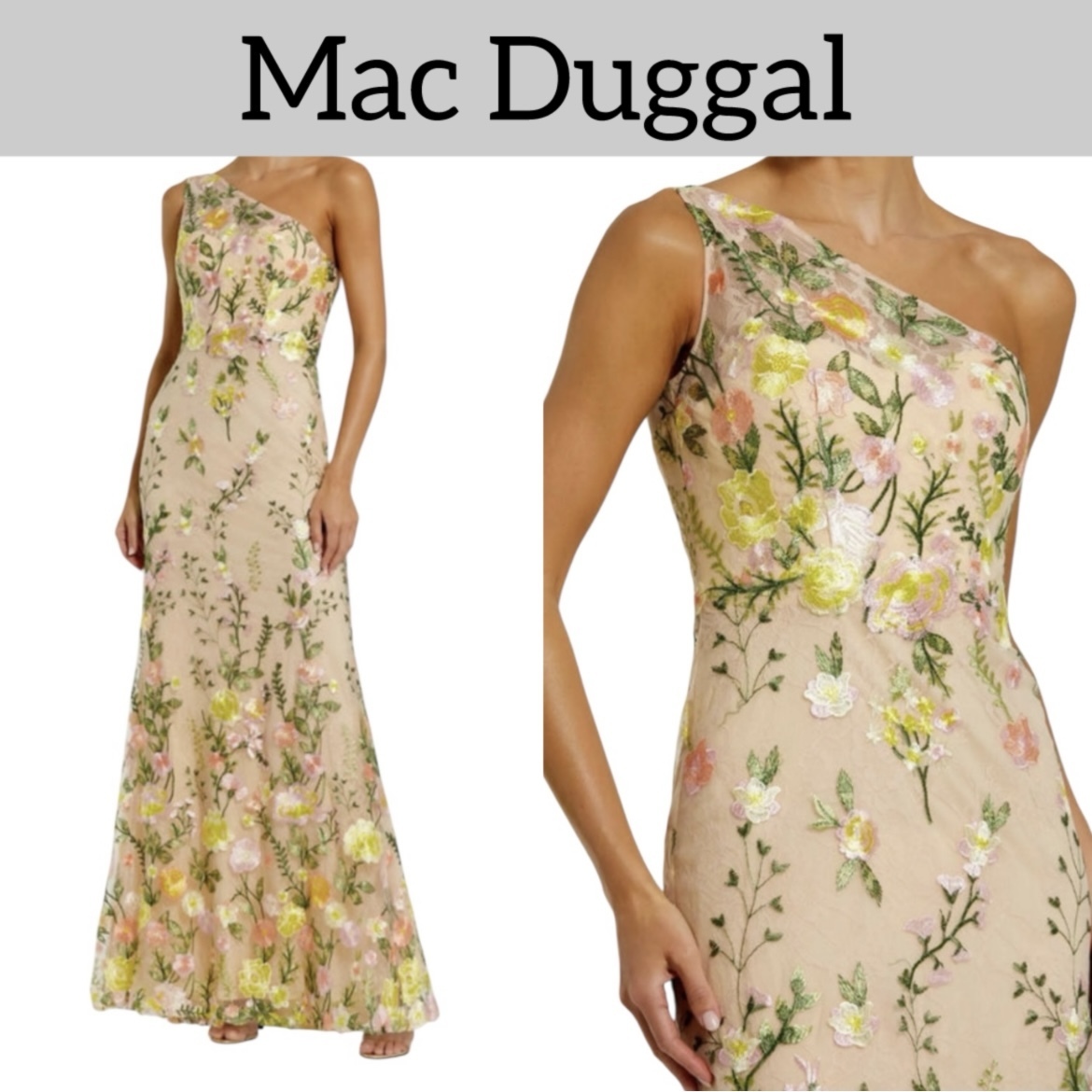 上品ベージュ♪MAC DUGGAL ワンショルダー フラワーレースドレス