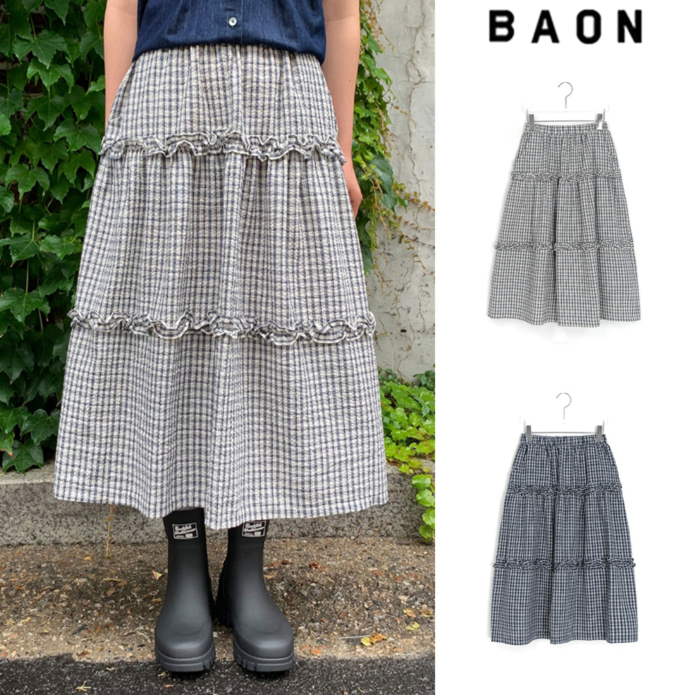 【BAON】Hebit Seersucker Check Frill Long Skirt