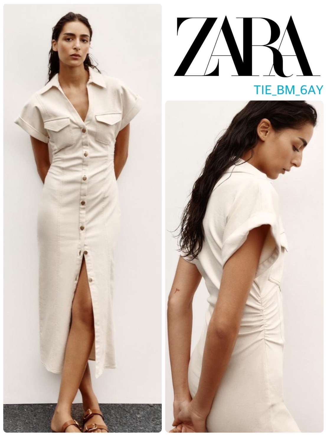 スペイン発送 ZARA ギャザーウエストミディドレス 上品シンプル