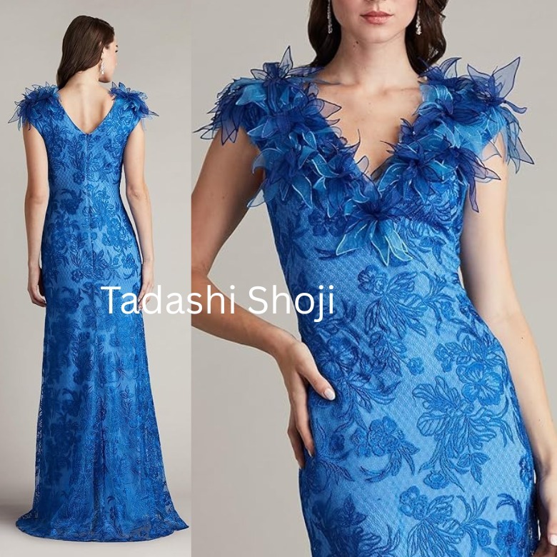 TADASHI SHOJI フローラルレースショルダー青ロングドレスV開き