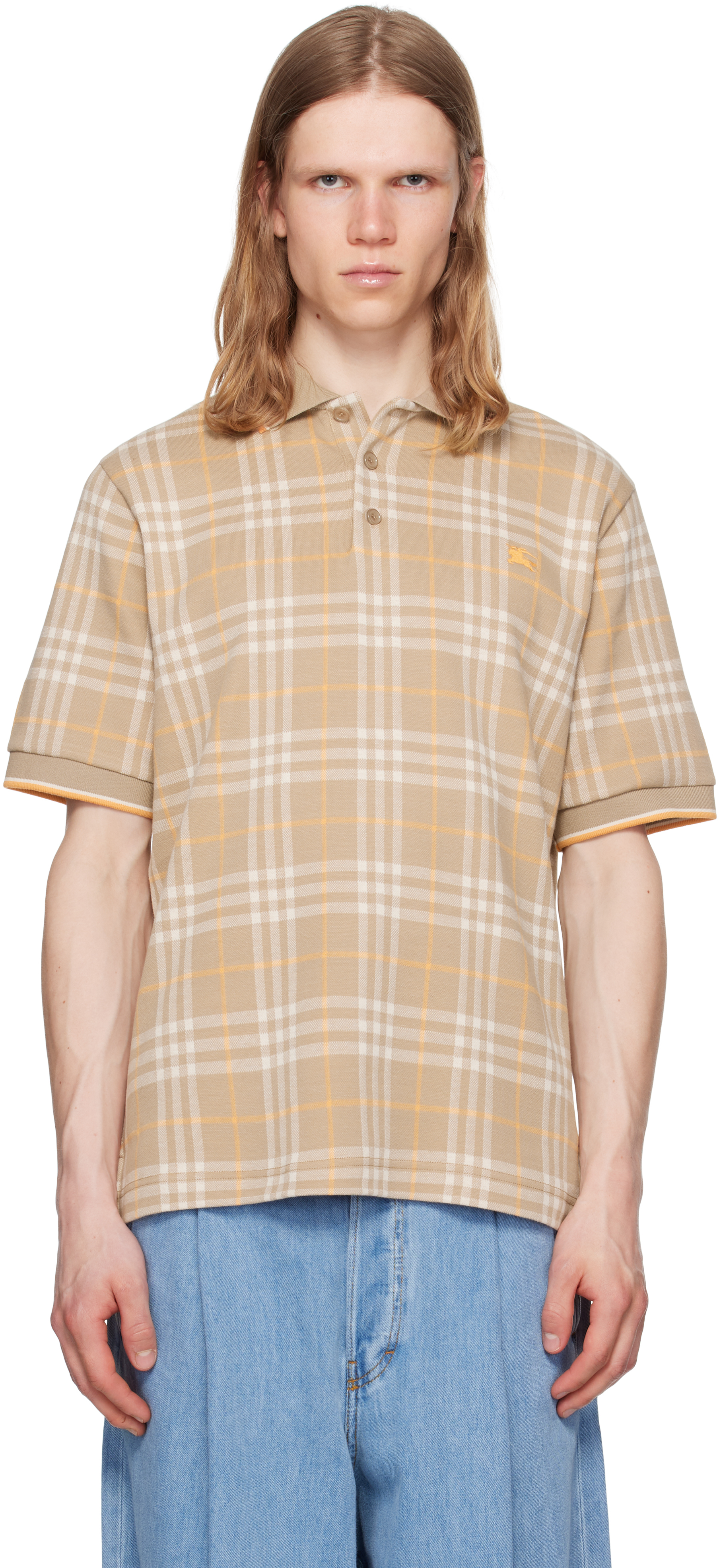 【関税込み】Burberry ベージュ チェック コットン ポロシャツ