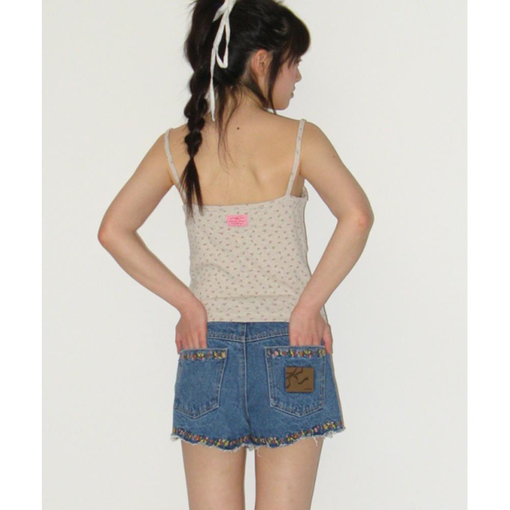 ショートパンツ \"RONRON\" FLORAL FRINGE DENIM SHORTS FADED BLUE RR25BDN4614FB