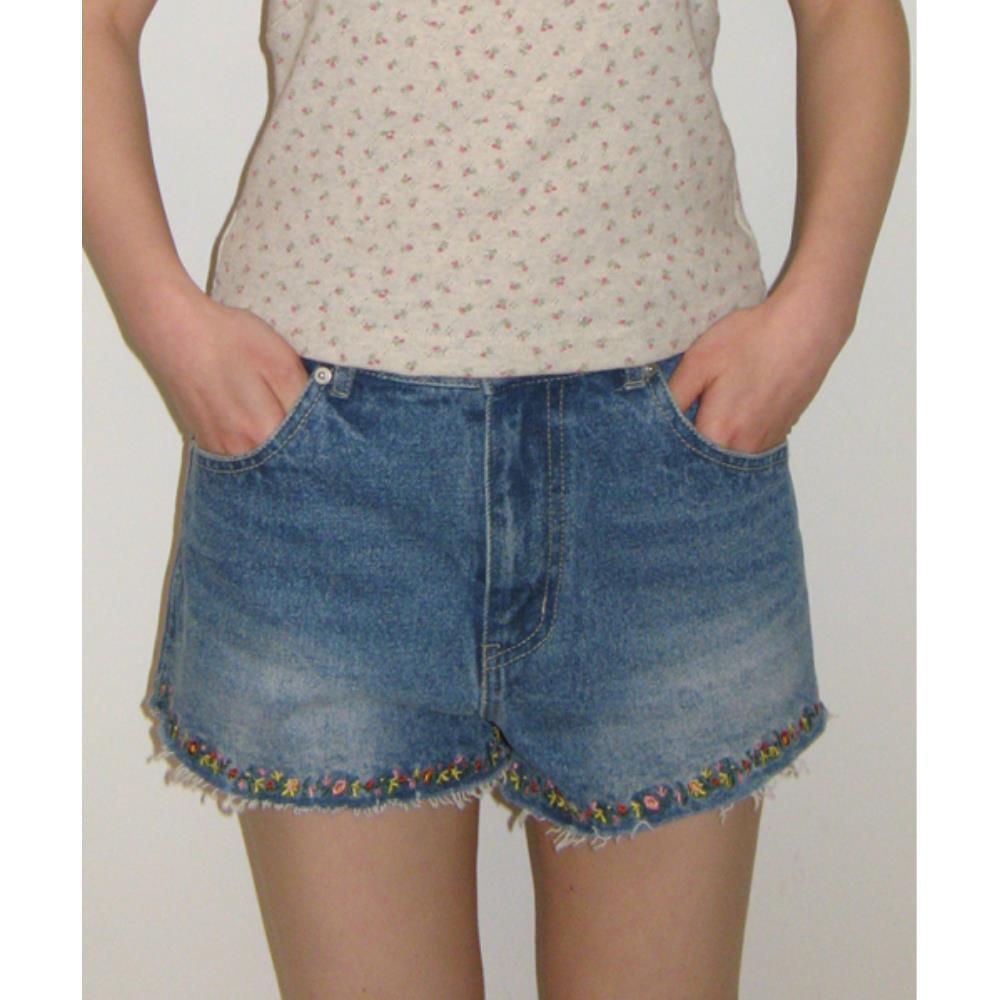 ショートパンツ \"RONRON\" FLORAL FRINGE DENIM SHORTS FADED BLUE RR25BDN4614FB