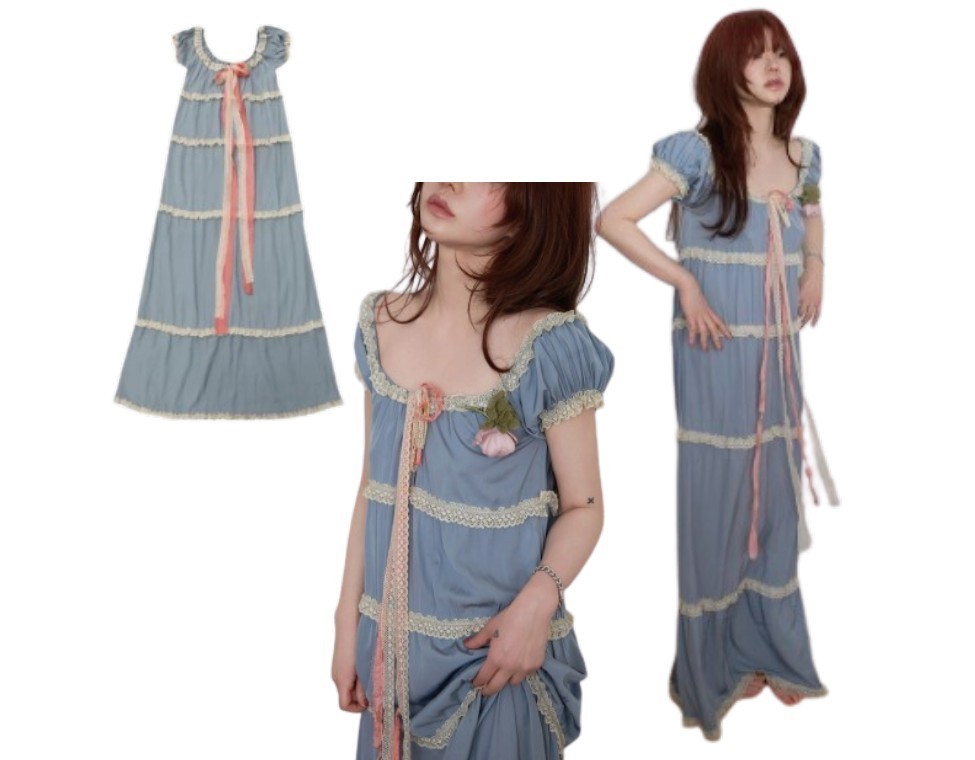 韓国商品/FRECKLE silk strap tiered maxi dress