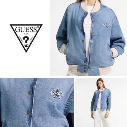 GUESS デニムバーシティジャケット ブルー ロゴ刺繍 ボンバー