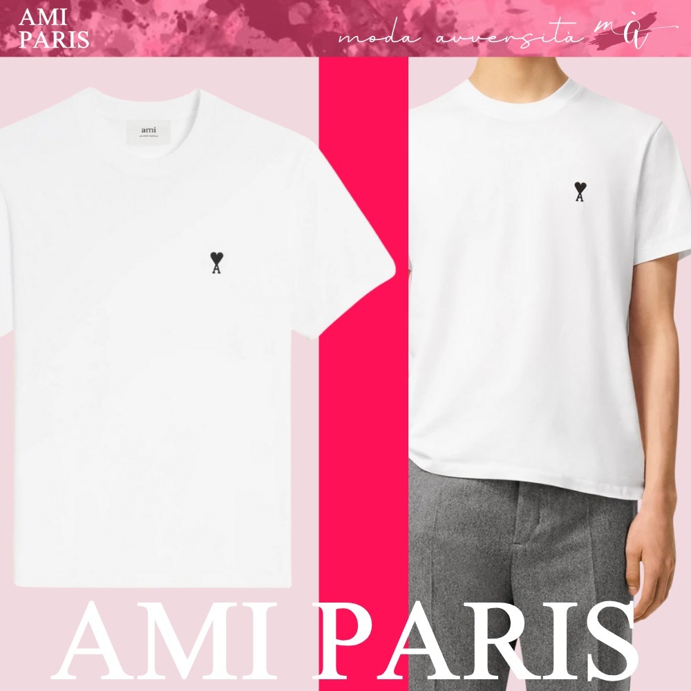【AMI PARIS】 メンズ ロゴ 半袖 コットン ホワイト Tシャツ