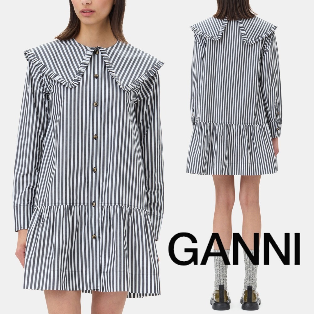 関税送料込♪GANNI/Black and White Stripe Mini Shirt Dress
