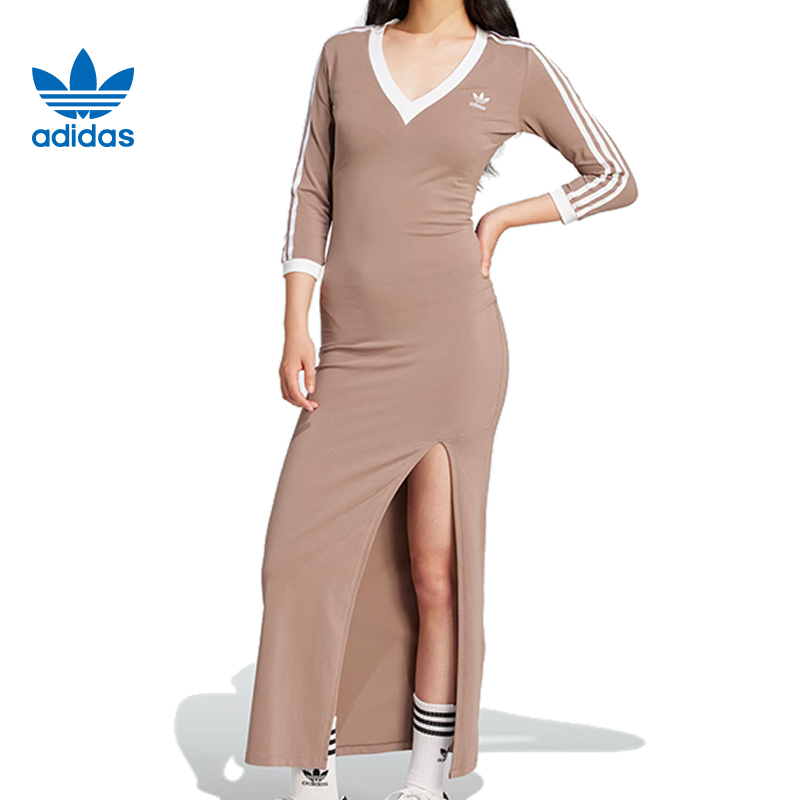 adidas originals Adicolor Vネックロングワンピ スリット-Brown