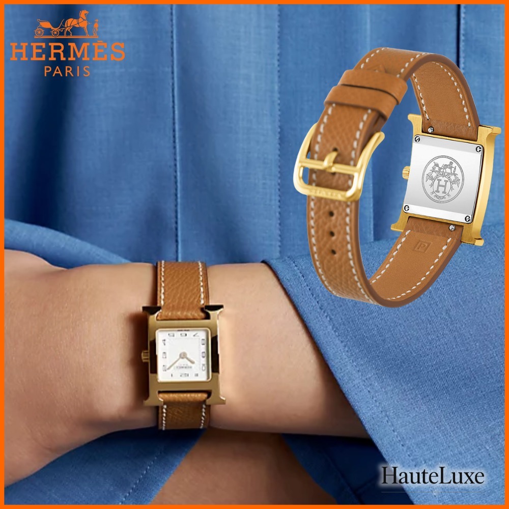 HERMES◆Heure H 腕時計 25mm ゴールドレザー×イエローゴールド