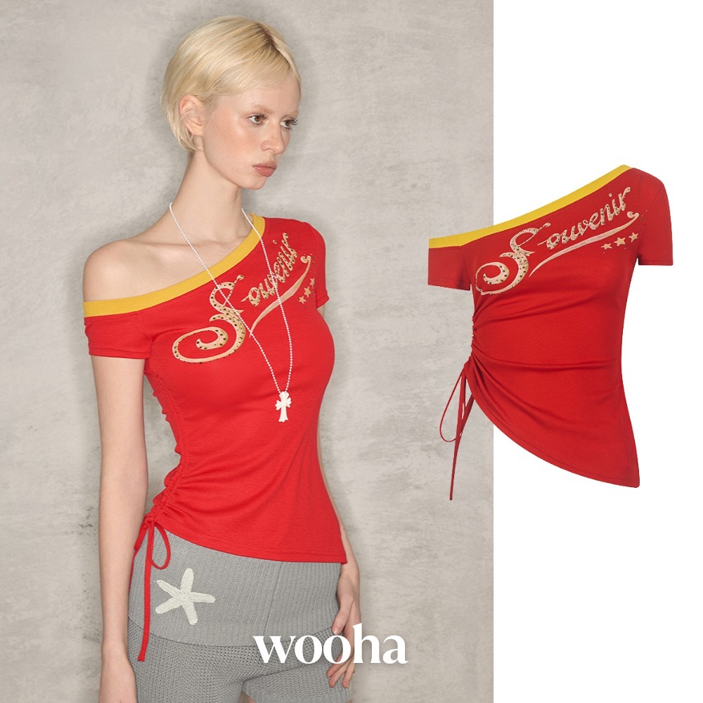 日本未入荷 WOOHA★オフショルダープリントストリングトップス
