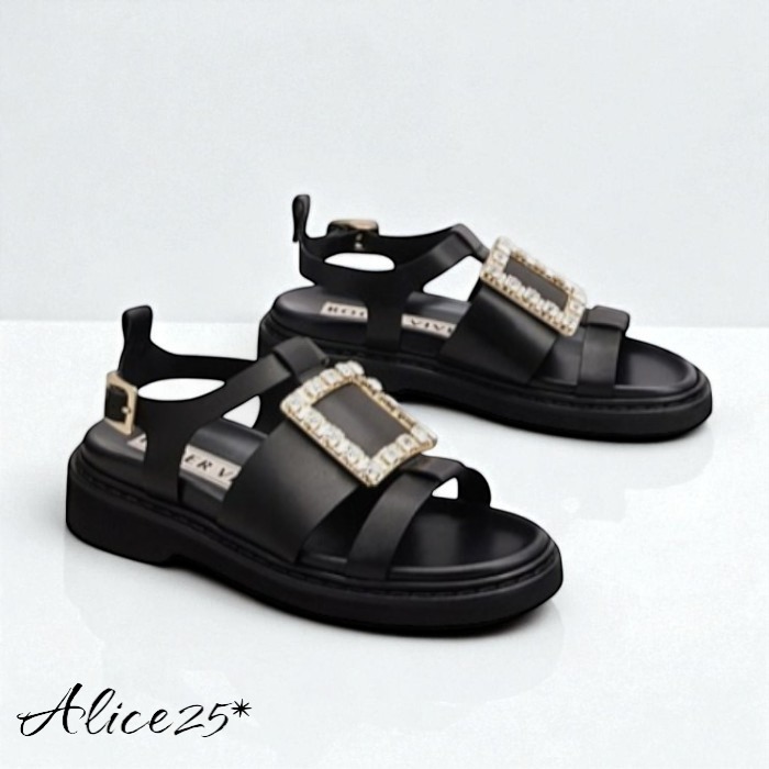 ROGER VIVIER/Viv' Rangers ストラスバックル レザーサンダル 黒