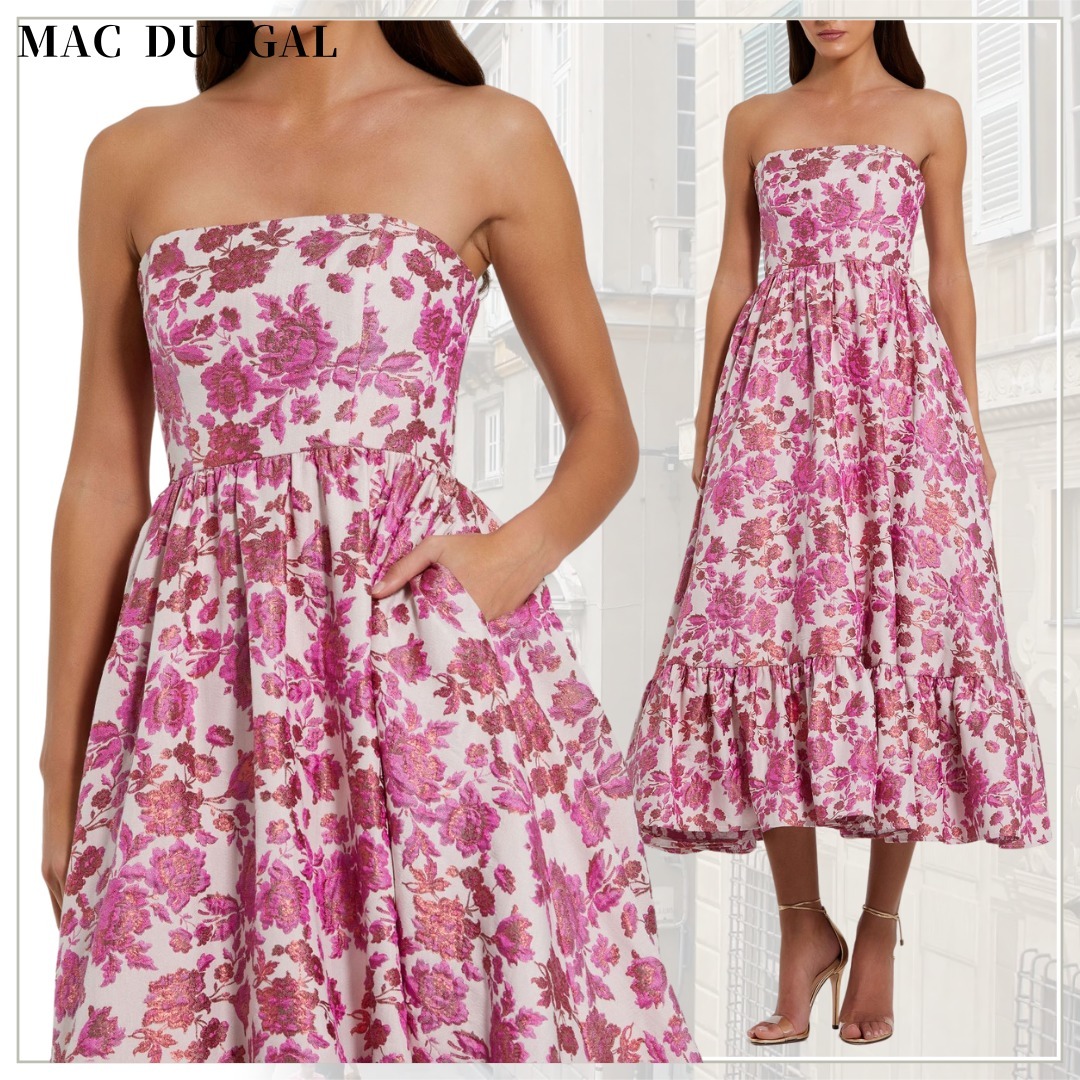 【Mac Duggal】ブロケード ストラップレス Aライン ミディドレス