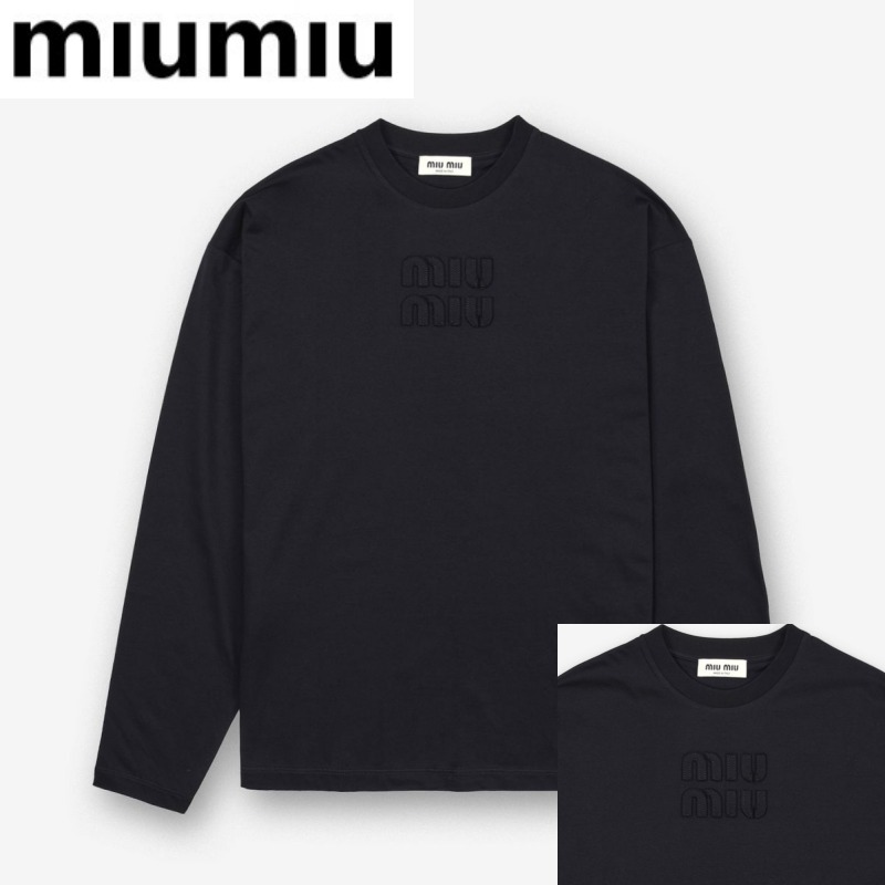 ★MiuMiu★24FW★ロゴ コットン 長袖 Tシャツ Black MJL8621YXTF