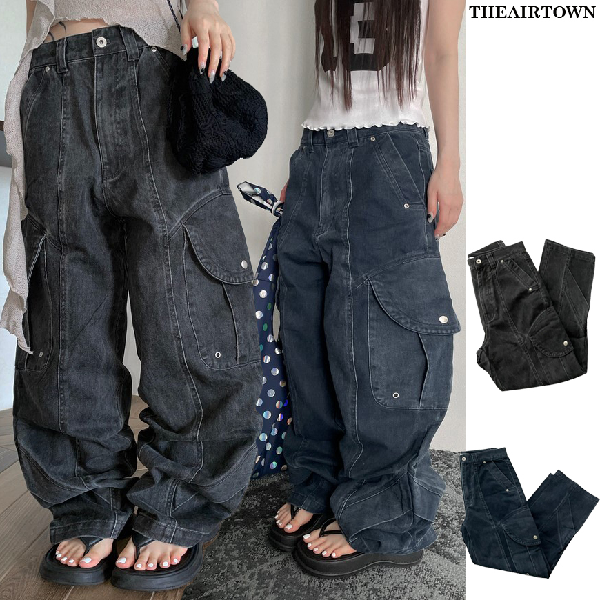 【THEAIRTOWN】アッシュカラー カーゴ ワイド デニム パンツ