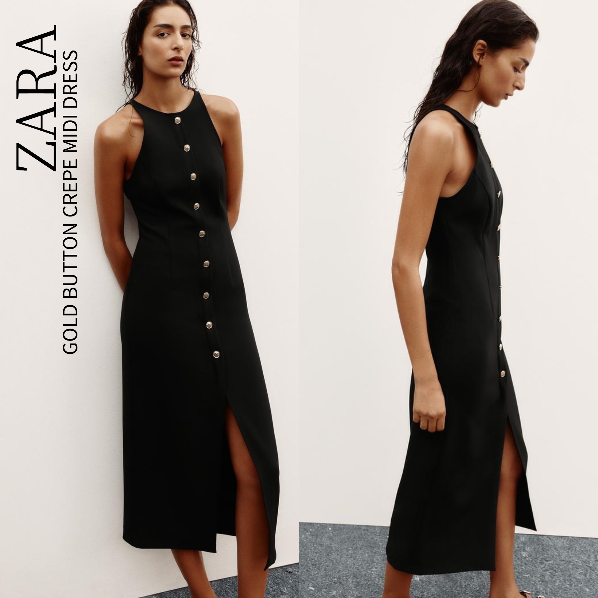 ZARA【NEW】GOLD BUTTON CREPE MIDI DRESS