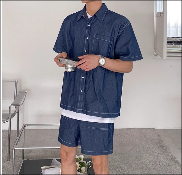 デニム 上下セット メンズ カジュアルシャツ ハーフパンツ 韓国