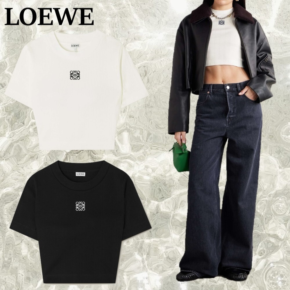 【LOEWE】アナグラム刺繍入りクロップドリブコットンTシャツ