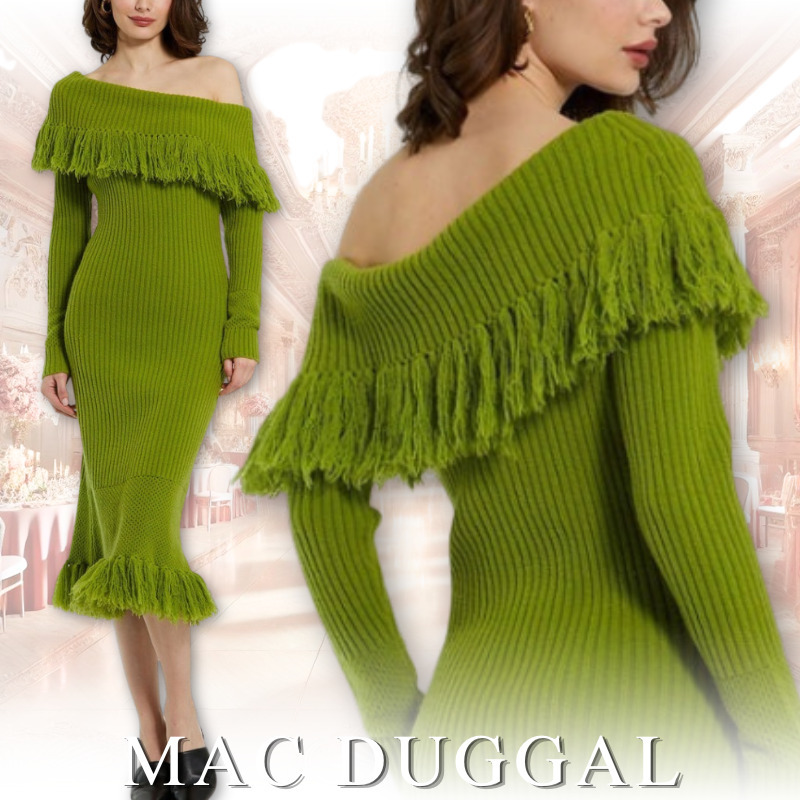 MAC DUGGAL オフショルダーフリンジ ロングスリーブニットドレス