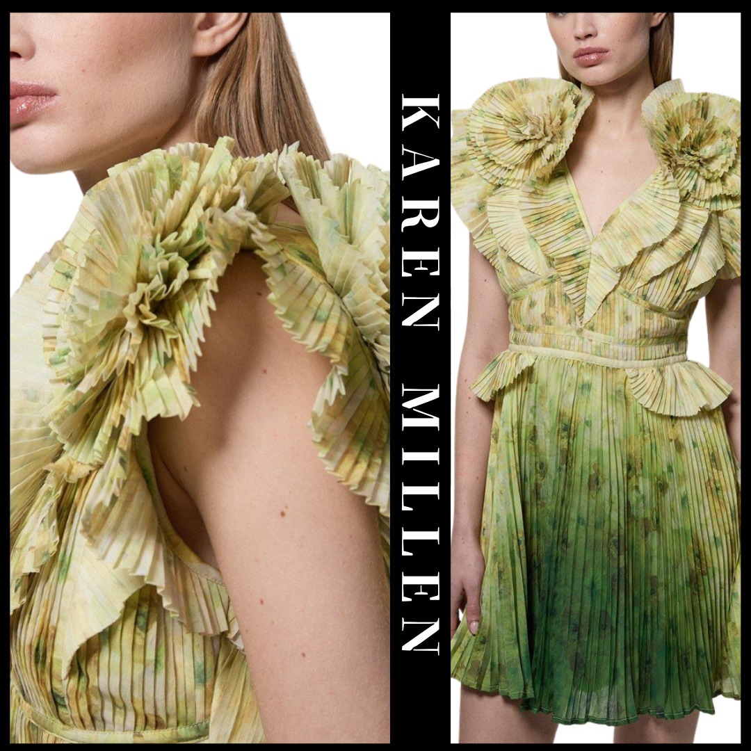 KAREN MILLEN 日本未入荷 花柄 Vネック プリーツ フリル ミニ