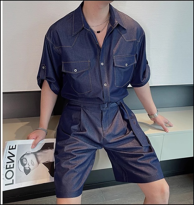 カジュアルデニム セットアップ シャツ ショーツ 夏コーデ